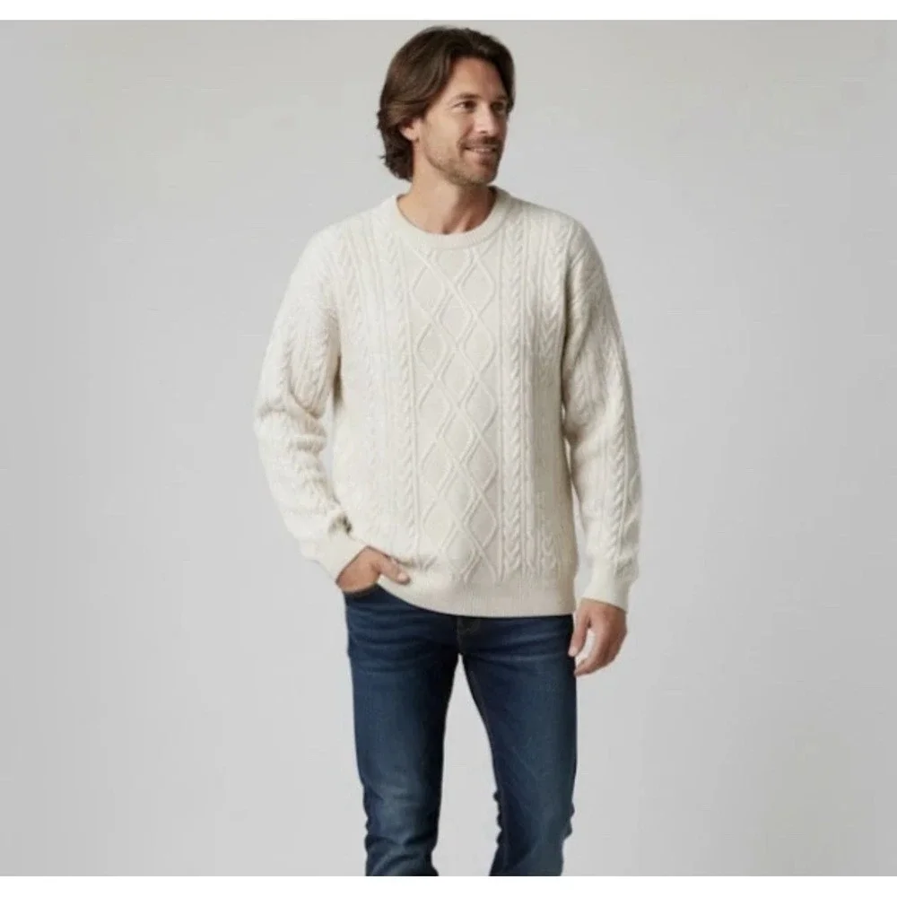 Aelfric Eden Retro 90s Cable Knit Sweater Men XL White Cream Ivory Fisherman‎